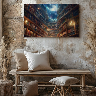 Wall Art Canvas Celestial Library Canvassurreal Gothic Book Hall With Moonlit Sky