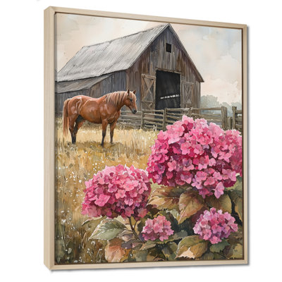 Dorli hortensias et chevaux dans l'écurie - art mural hortensias
