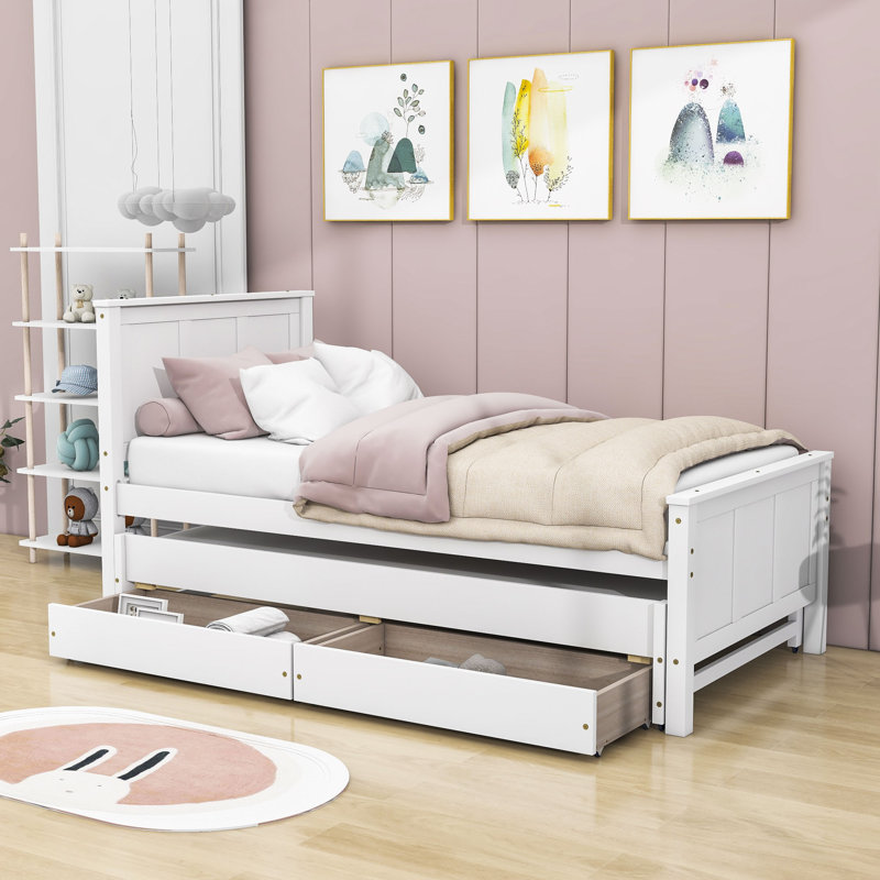 Twin 2 Drawers Platforms Bed with Trundle, White