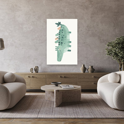 Friendly Crocodile Stack Playful Whimsical Contemporary Alligator Bird Crocodile Wall Art Print by Mathieu - Wrapped Canvas Print