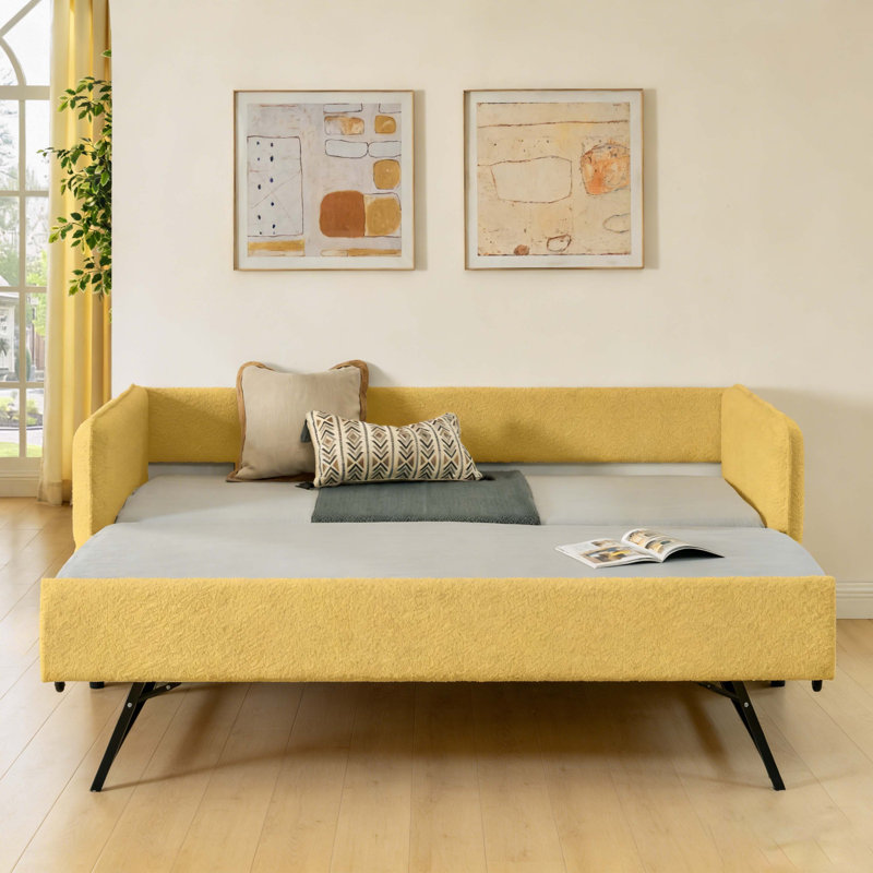 Daybed with Twin Size Pop-up Trundle Upholstered Tufted Sofa Bed, Twin Size, Boucle Fabric, Twin, Yellow