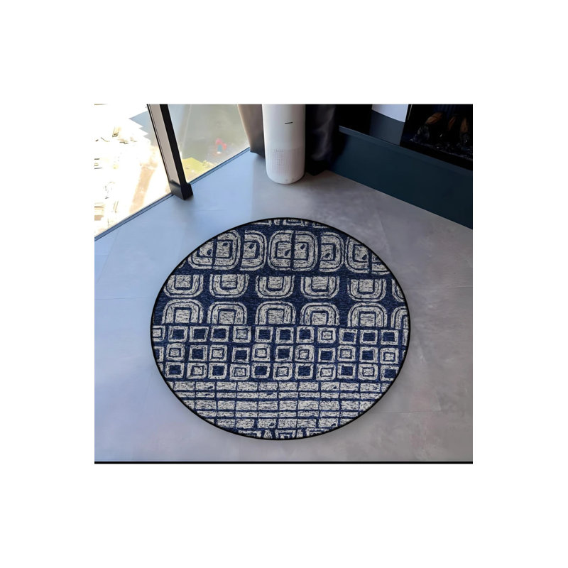 Navy Blue Themed Geometric Patterned Round Woven Base Modern Decorative Carpet, Round 4'