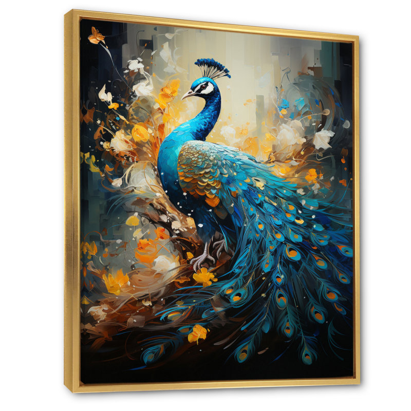 Sarcelle jaune émeraude paon gouttes II - reproduction sur toile, H 20 po x l 12 po x P 1 po, Cadre flottant doré
