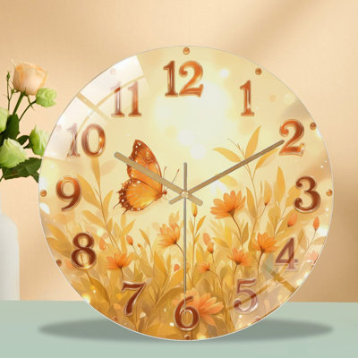 Butterfly Wall Clock with Floral Design And Gold Numbers Art - 12'' Modern Glass Wall Clock