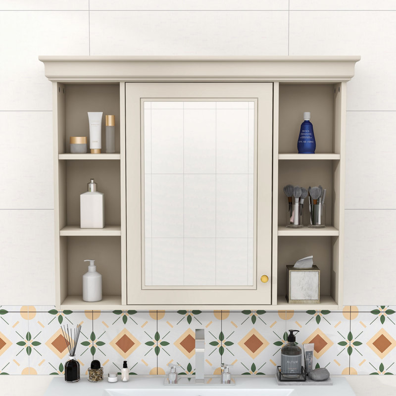 Armoire de salle de bain murale moderne Yolany avec porte miroir et tablettes réglables, Beige