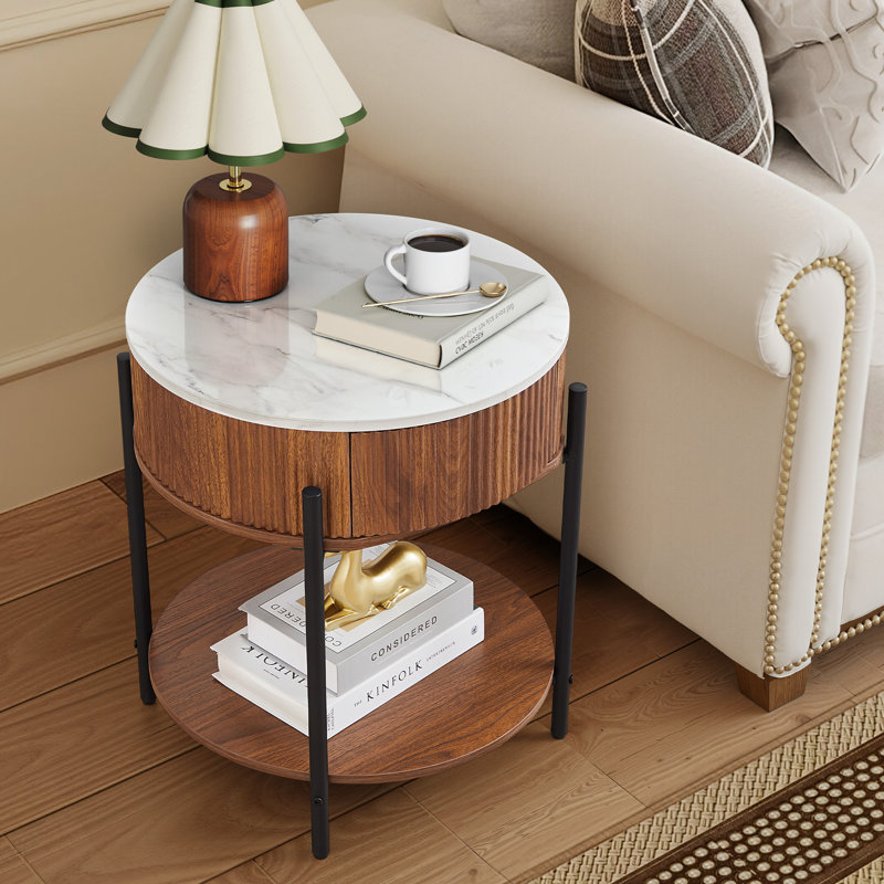 Table de bout ronde en marbre avec rangement, Noyer, 1
