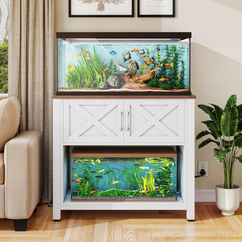 White Heavy Duty Metal Aquarium Stand with Storage Cabinet and LED Light
