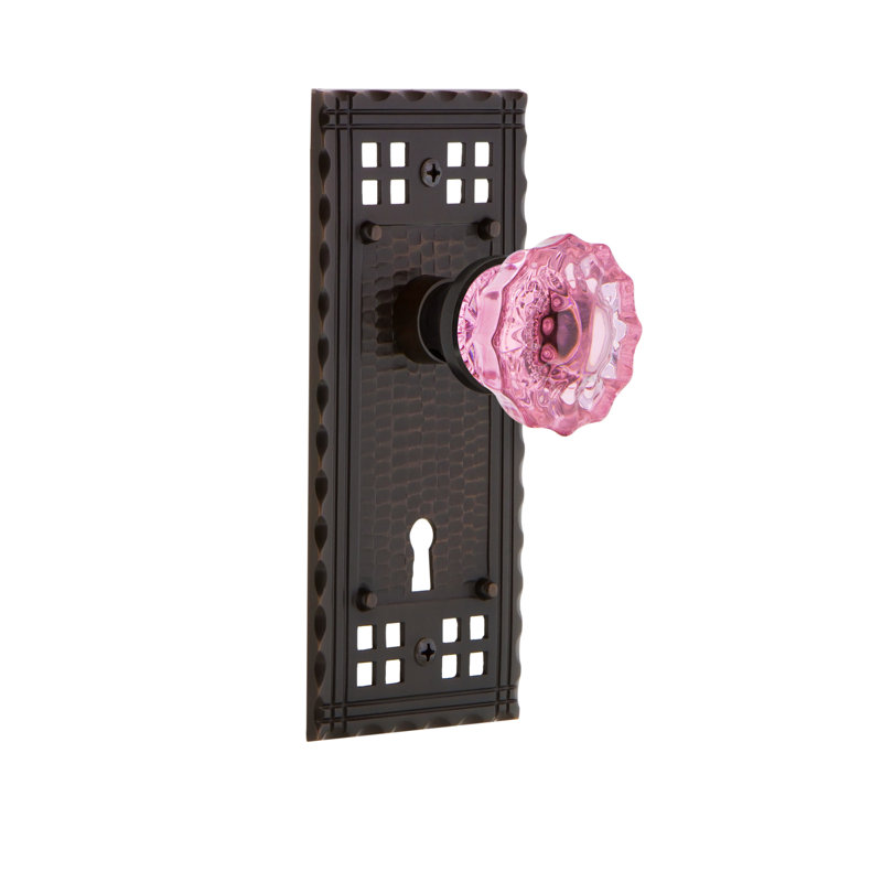 Craftsman Plate with Decorative Keyhole and Crystal Pink Door Knob, Timeless Bronze