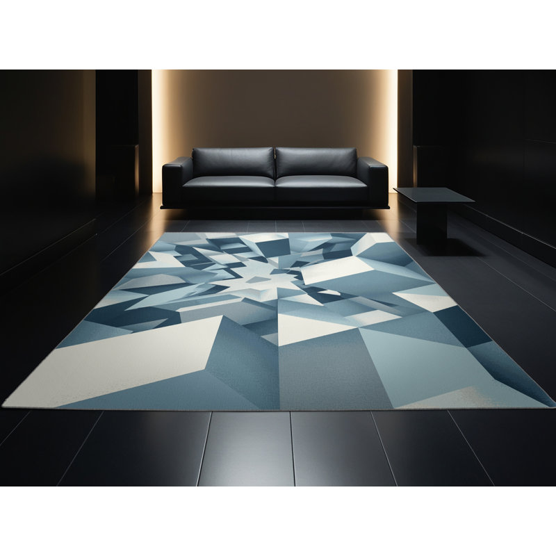 Tapis bleu à motifs géométriques lavables à la machine Peoro, 4' Square