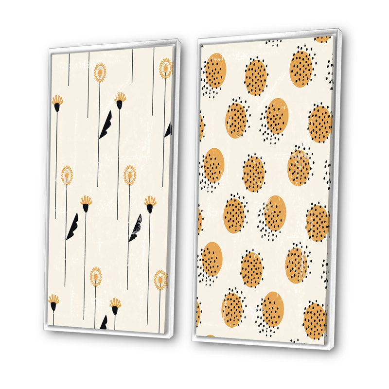 «Retro Vintage Boho Doodles and Geometrics I», ensemble de 2 peintures, H 20 po x l 24 po x P 1 po, Toile avec cadre blanc