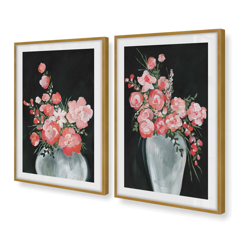 Ensemble de 2 impressions délicates fleurs de corail, Cadre doré poli, H 21,5 po x l 35 po