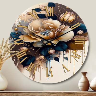Brown And Blue Rose Design - Floral & Botanical Golden Face Wall Clock