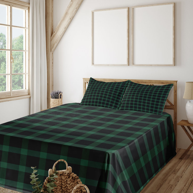 Ambesonne Buffalo Plaid Sheet Set Scottish Christmas Fern Green Charcoal Grey, California King Sheet Set with 2 Pillowcases