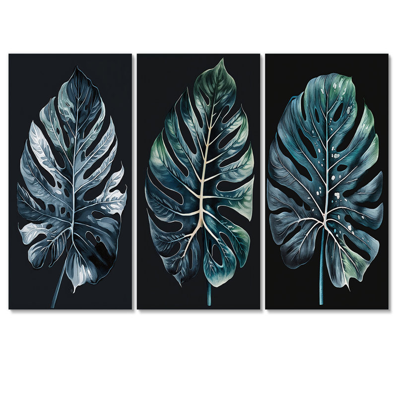 Philodendron feuille III sur toile, reproduction de 3 pièces, H 28 po x l 36 po x P 1 po
