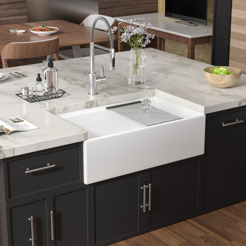 33"L x 20"W Undermount Workstation Kitchen Sink Ceramic Rectangular Farmhouse Apron Single Bowl Kitchen Sink with Bottom Grid,Cutting Board