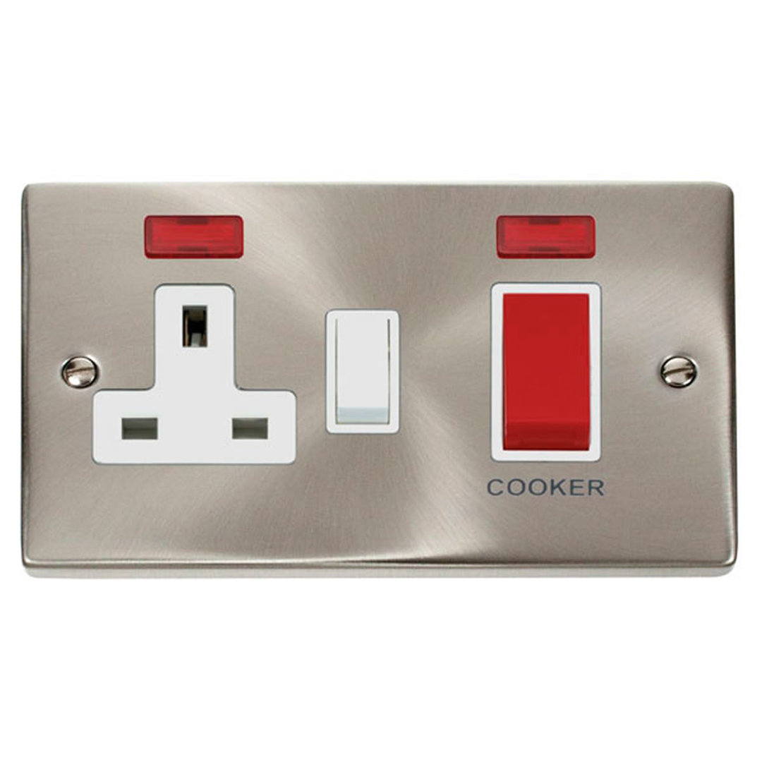 Satin / Brushed Chrome Cooker Control 45A With 13A Switched Plug Socket & 2 Neons