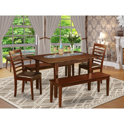 5 Piece Dinette Set Includes a Rectangle Dining Table with Butterfly Leaf and 2 Faux Leather Dining Room Chairs with 2 Benches, 36x54 Inch, Mahogany