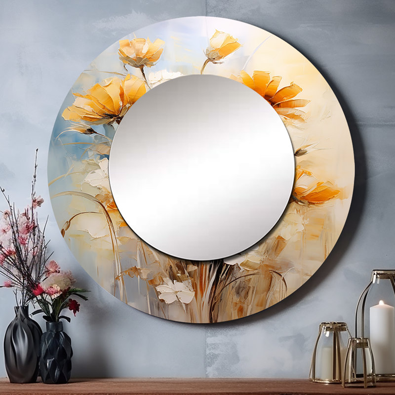 Beige tournesols romantique Impression III - miroir décoratif tournesols, miroir mural rond jaune, impression d'art en métal