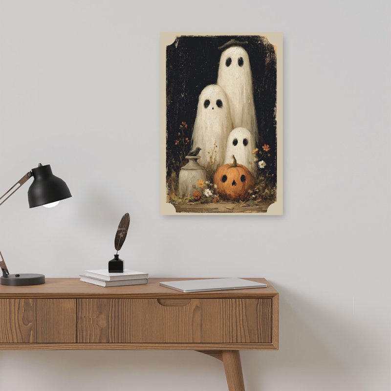 Affiche murale fantaisiste représentant une famille de fantômes rustique et vintage avec des oiseaux et des fleurs d'automne