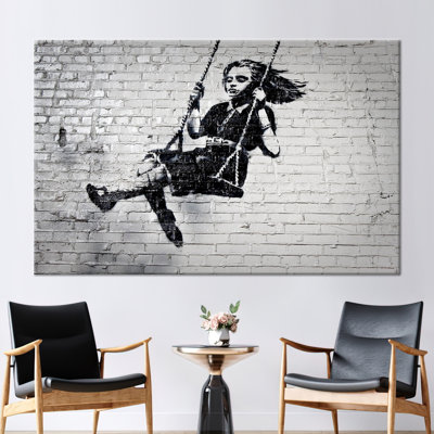 Grand art mural 3D inspiré de Banksy avec fille sur balançoire - Street Graffiti, affiche sur toile