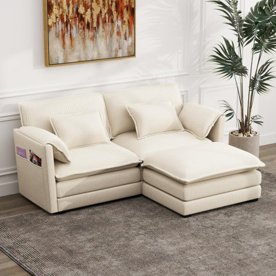 75.3" Beige Corduroy L-shaped Modular Sofa | Double Cushion, Detachable, Zipper Pillows, Side Pockets
