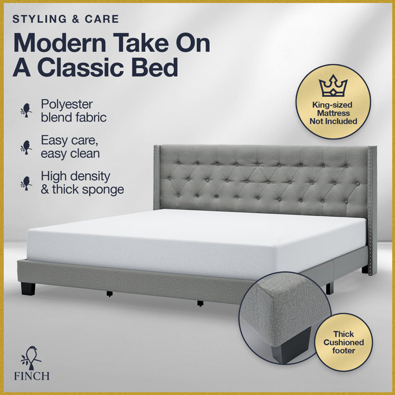 Luxurious Grey Linen King Upholstered Bed with Tufted Wingback Headboard