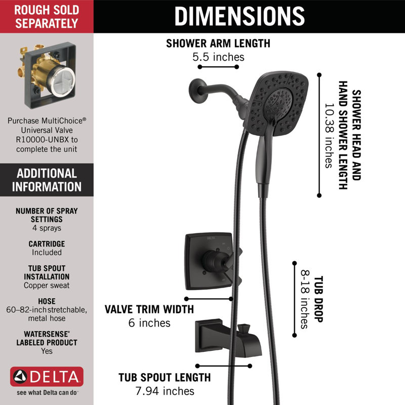 Ashlyn 17 Series Dual-Function Tub Shower Faucet Set, In2ition Shower Handle Trim Kit, Matte Black