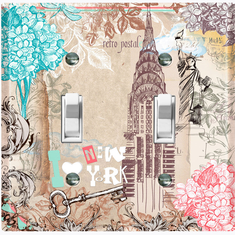 Metal Light Switch Plate Outlet Cover (I Heart New York Statue Of Liberty Landmark Colourful Flowers - Single Toggle)