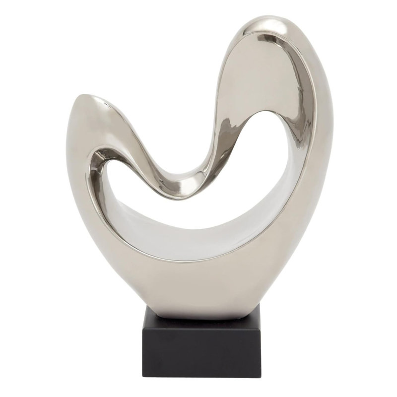 Silver Porcelain Abstract Heart Statue with Black Base