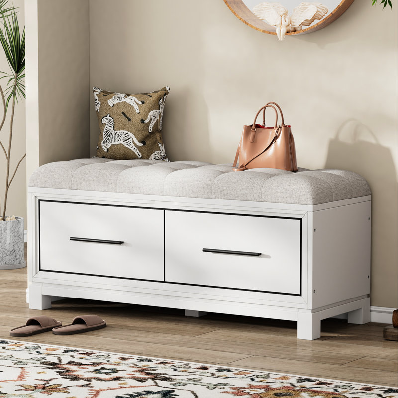 Banc d'entrée blanc pour chaussures avec rangement spacieux et housse de coussin amovible en bois de pin spacieux et confortable - pour le salon