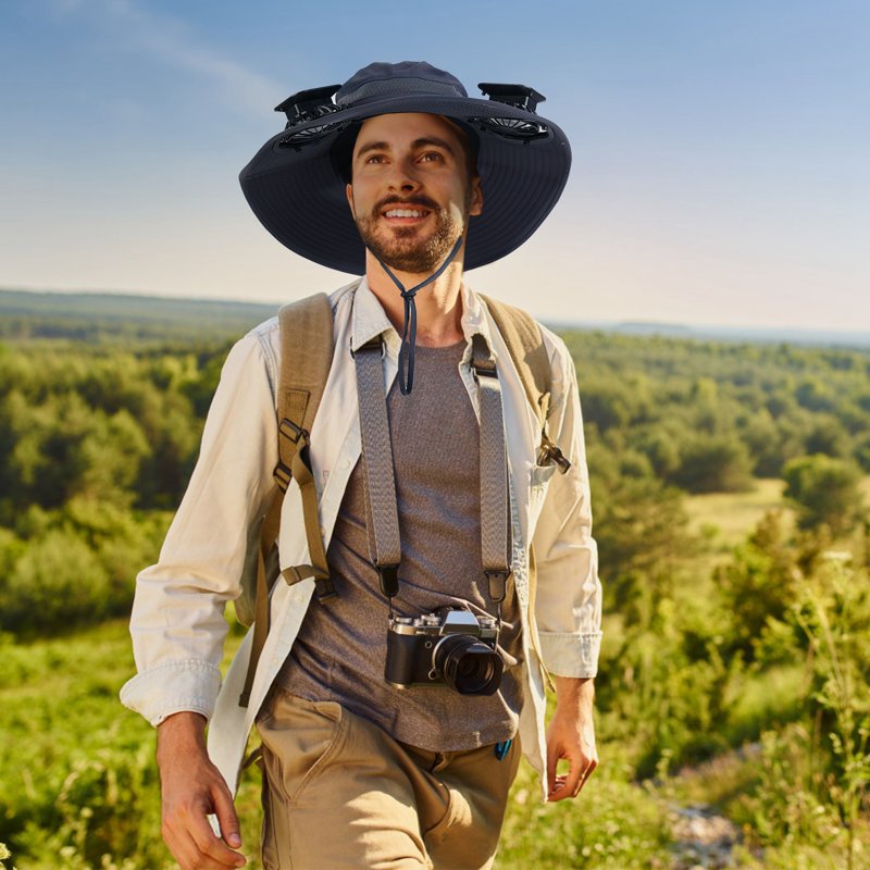 Chapeau de soleil à large bord avec 2 ventilateurs rechargeables - à énergie solaire, UPF50 +, 3 vitesses, Gris foncé