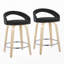 Tabouret de bar pivotant à hauteur fixe en bois naturel et velours noir avec repose-pieds ronds en métal chromé, lot de 2-134824064
