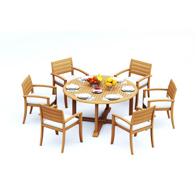 Ensemble de salle à manger 5 pièces en bois de teck de qualité A: table ronde de 60 po et 4 chaises empilables Alvarado # 11TV1204