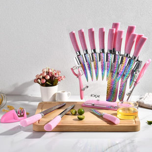 Pink and Gold Knife Set with Magnetic Knife Block