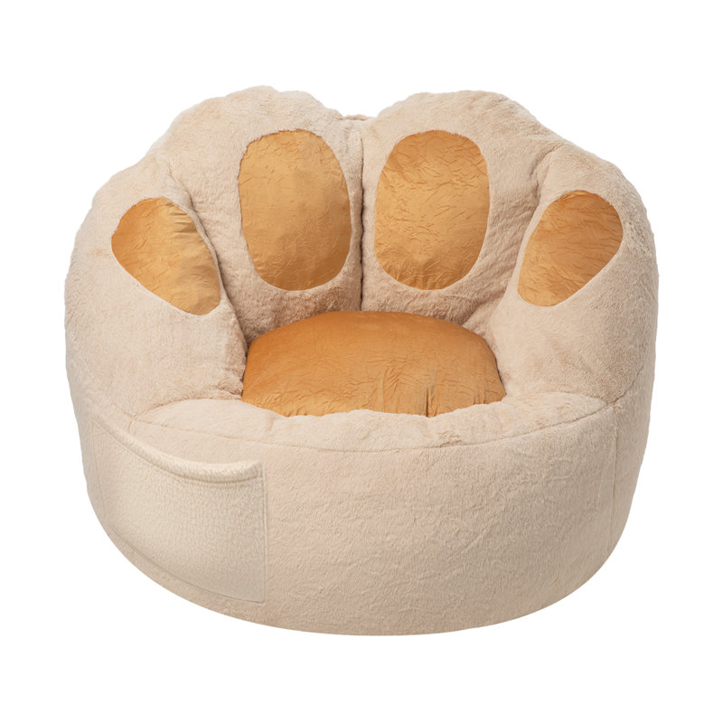 39" Cat Paw Bean Bag Chair with Side Storage Pocket, Plush Faux Fur and Memory Foam Filling, Beige Faux Fur