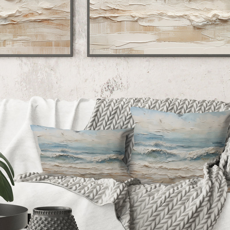 Peinture de plage beige et bleue de la plage - Coussin décoratif imprimé plage côtière, 16" x 16"