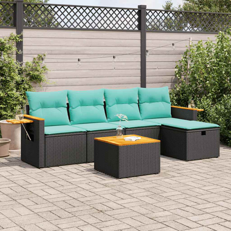  Ensemble de canapé de patio 6 pièces avec coussins en rotin de polyester, Noir, Vert
