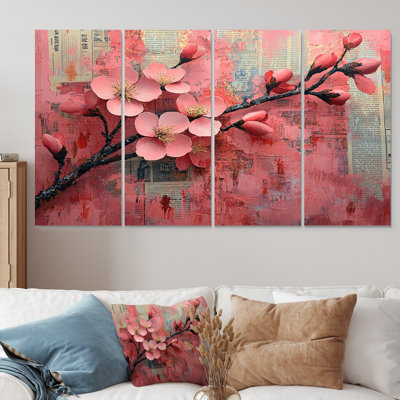 Fleurs de cerisier en rose et or II - ensemble de reproductions d'art mural cerisier en fleurs