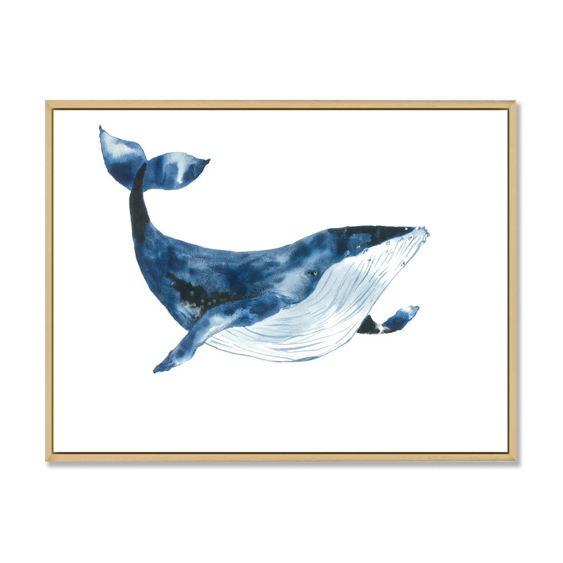 Baleine bleue sur fond blanc VI - peinture sur toile, H 34 po x l 44 po, Cadre flottant en érable