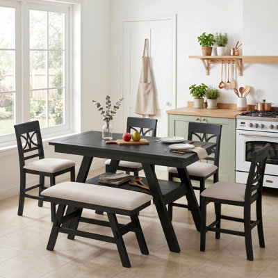6-Piece Wood Counter Height Dining Table Set with Storage Shelf, Kitchen Table Set with Bench and 4 Chairs,Rustic Style,Espresso+Beige Cushion (old sku: N717S000257AAP)