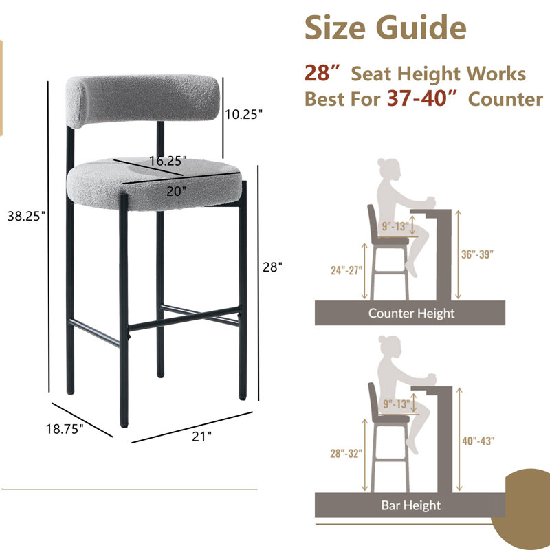 28" Boucle Upholstered Metal Counter Stool Set Of 2, 3, Gray