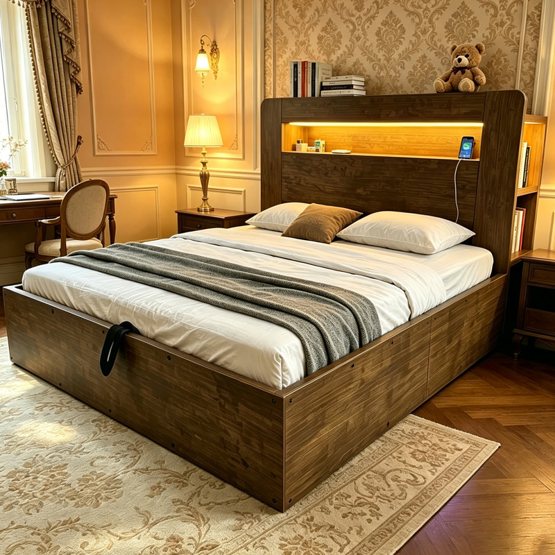 European Double (140 x 200 cm) Bed, Brown