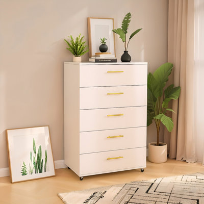 White 5-Drawer Dresser with Wheels and Handles