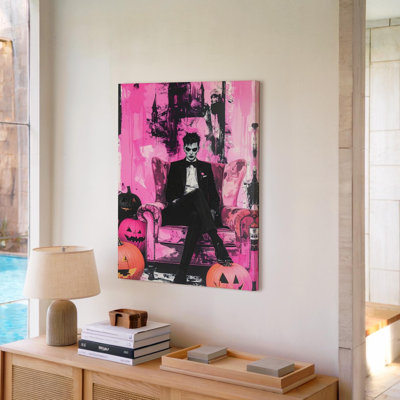 Canvas Gothic Halloween Portrait Pink And Black Art With Jack O Lanterns Wall Art Ready To Hang Gallery Wrapped Home Decor Modern Design
