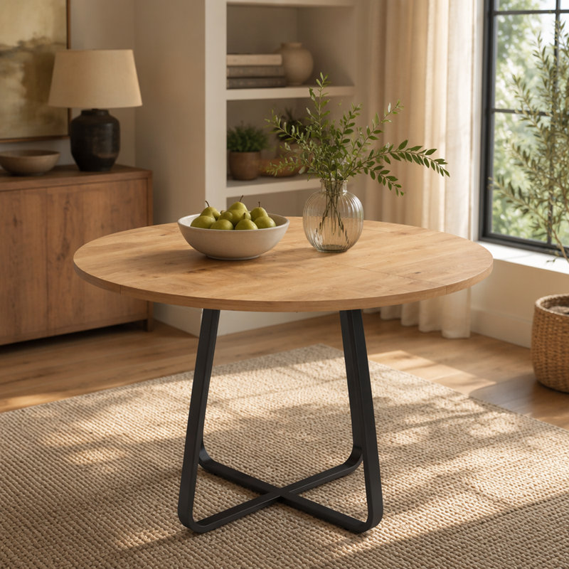 Table de salle à manger ronde de 43,3 po pour 4 à 6 personnes, plateau de table en bois aggloméré avec pieds en métal robustes, table de cuisine moderne avec base en forme de X, assemblage facile, grande table ronde pour la salle à manger, le salon et l'appart