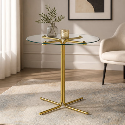 Table haute de bar ronde en verre, table de bar ronde de 36 pouces, plateau en verre trempé, support robuste à quatre colonnes chromées dorées, convient aux tables de bar rondes transparentes dans les petits espaces.