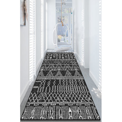 Durable Hall Carpet (3.3 x 6.6 ft), Black & White, 100% Polyester | 10 mm Pile Height, Antibacterial, Non-Slip Underside | Machine Washable, Easy Care | Perfect for Entryways, Living Rooms & High-Traffic Areas