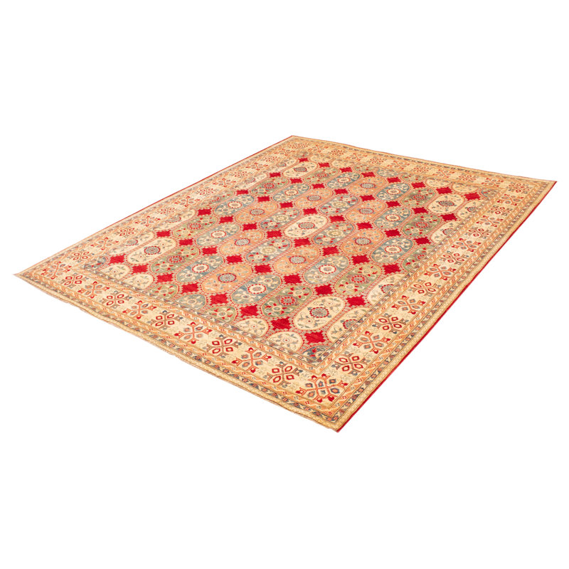 Tapis unique en laine noué à la main nouvel âge de 6 pi 6 po x 9 pi 11 po Alyesha doré clair / bleu / rouge