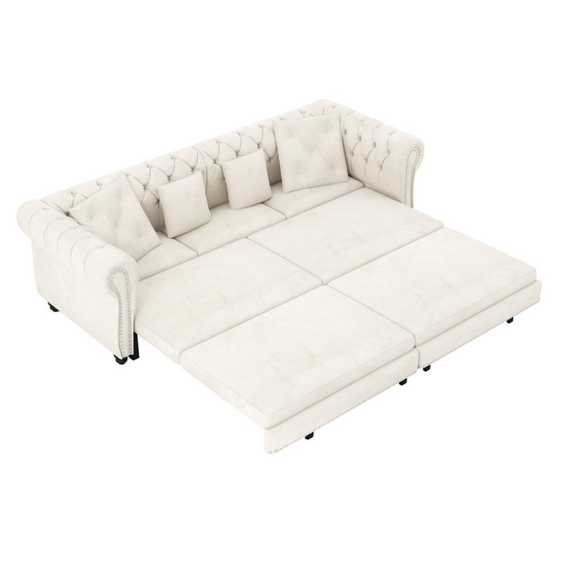 89" Wide Pull Out Sofa Bed, Beige Velvet