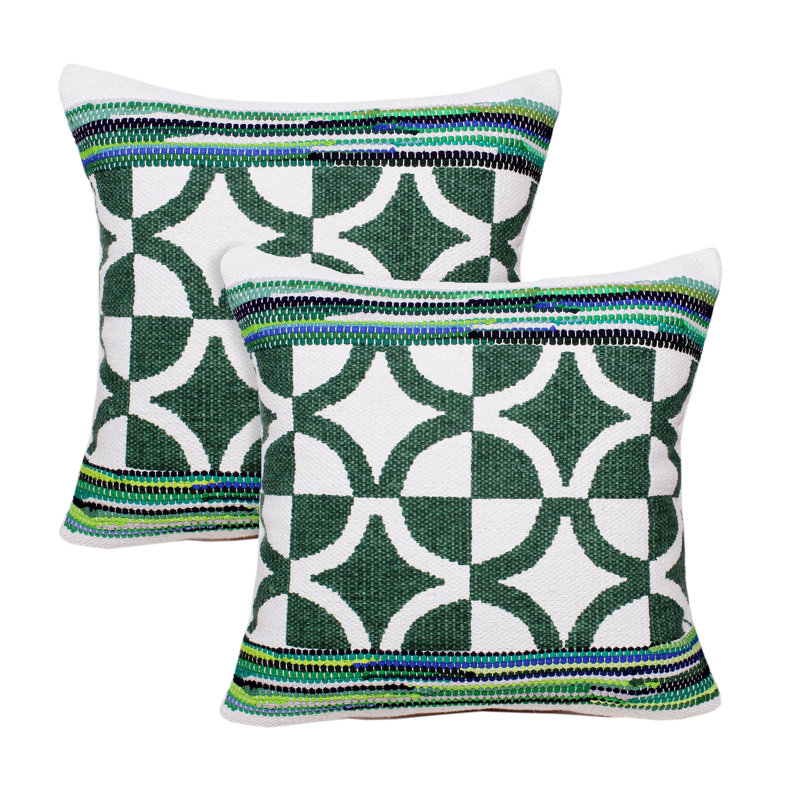 Green Geometric Cotton Blend Square Throw Pillow Set